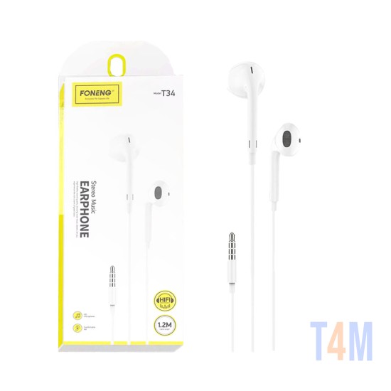 Foneng Wired Earphones T34 with Microphone 3.5mm 1.2M White